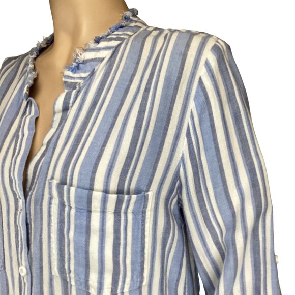 Cloth & Stone Anthropologie Dress Tunic Size Medium Striped Frayed Linen Blend - Picture 4 of 10